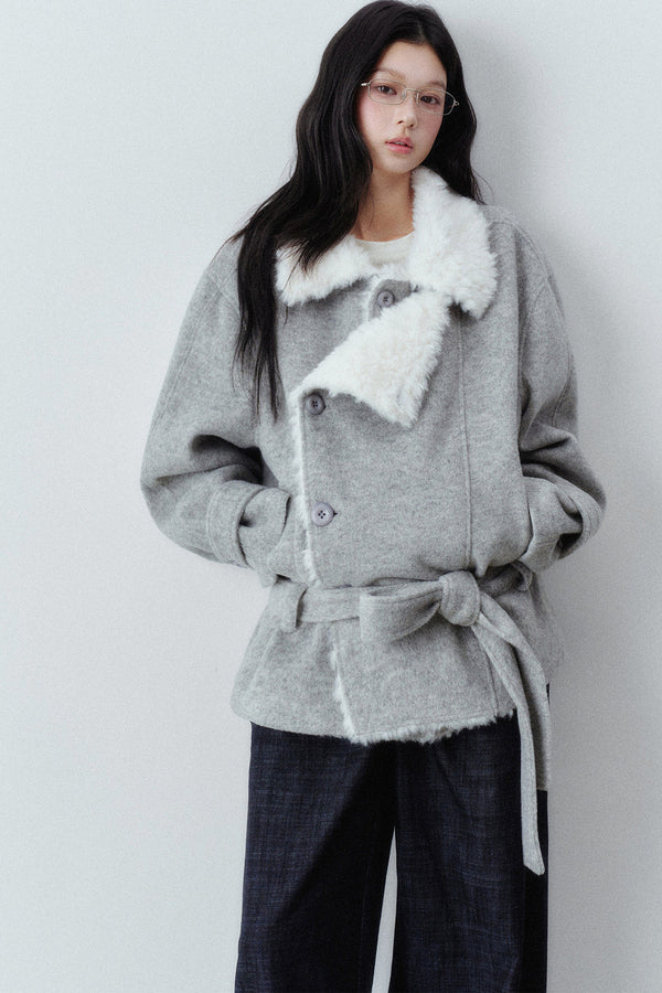 Plush Lapel Woolen Tie-Up Jacket