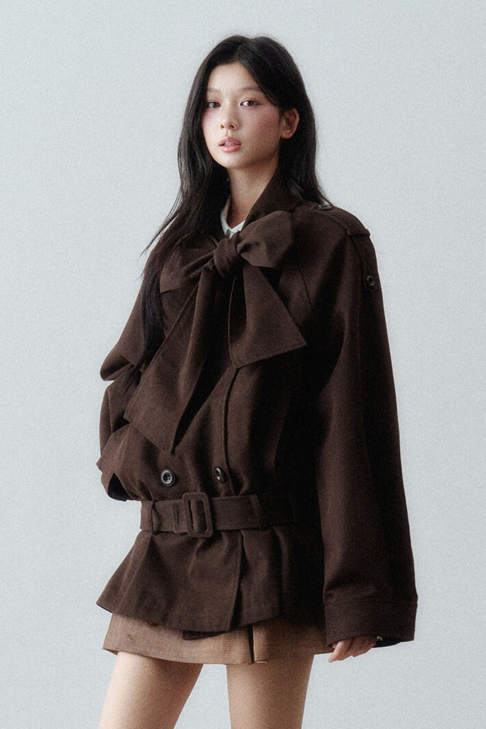 Bow Tie Low-Waist Cotton Trench Coat