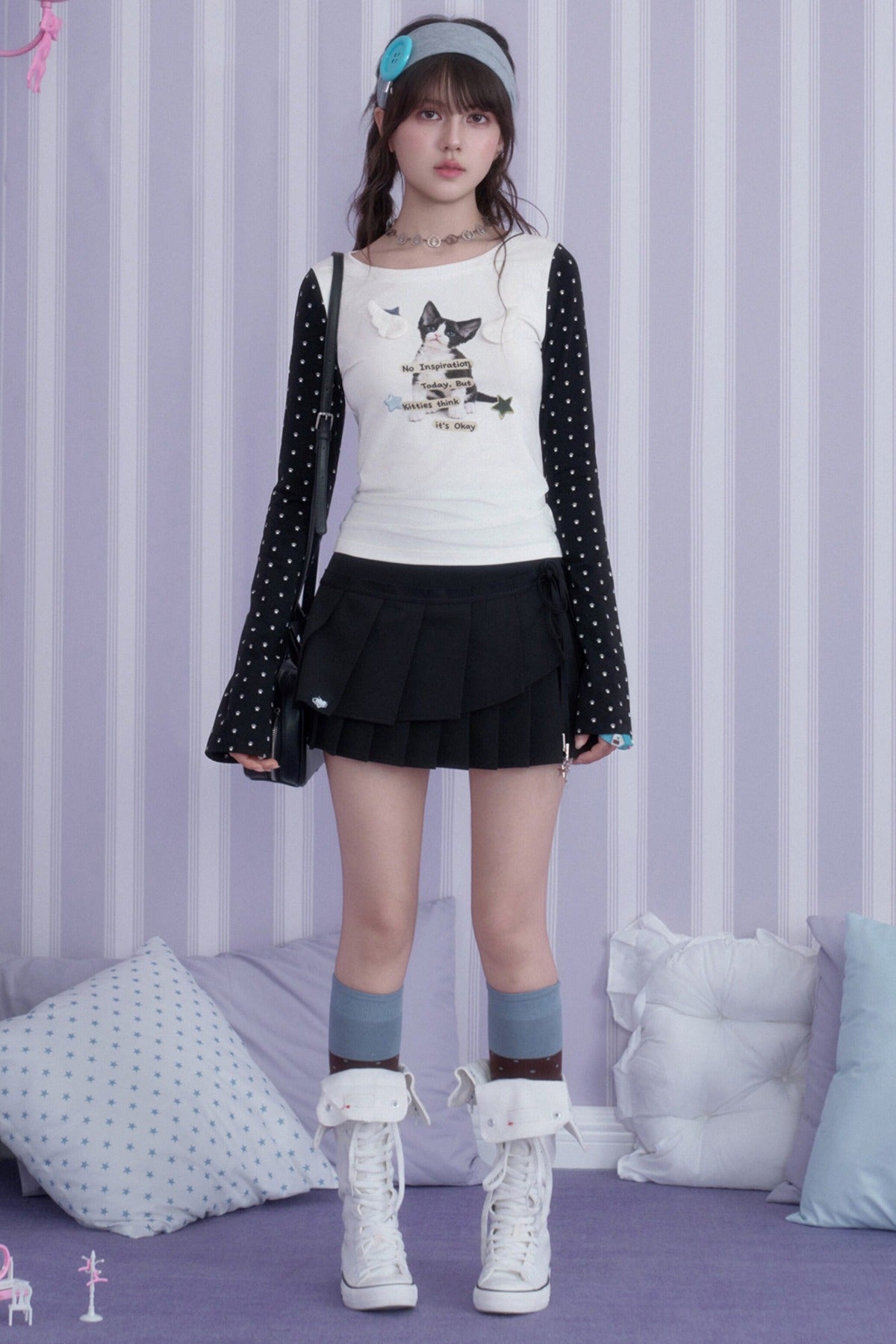 Cat Print Waist-Cinching T-Shirt