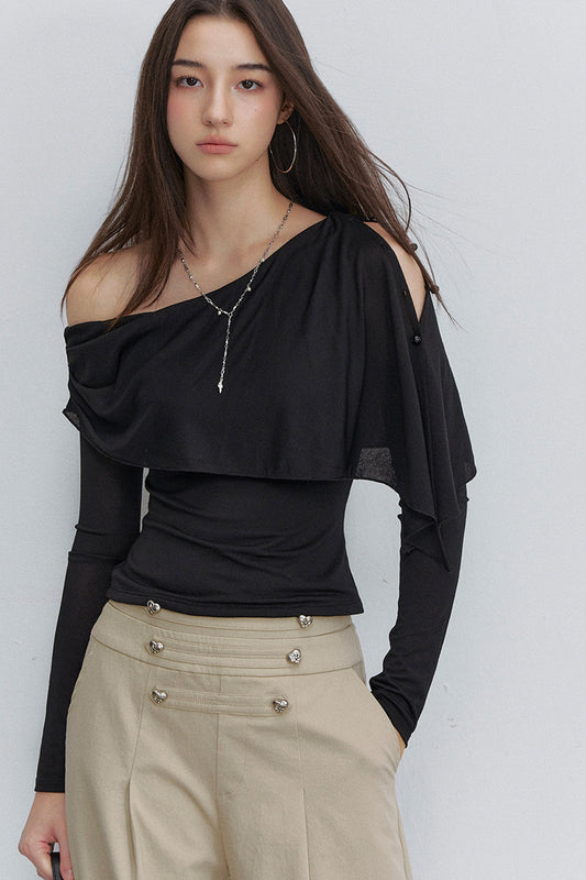 Asymmetric One-Shoulder Button Shawl Long Sleeve Top