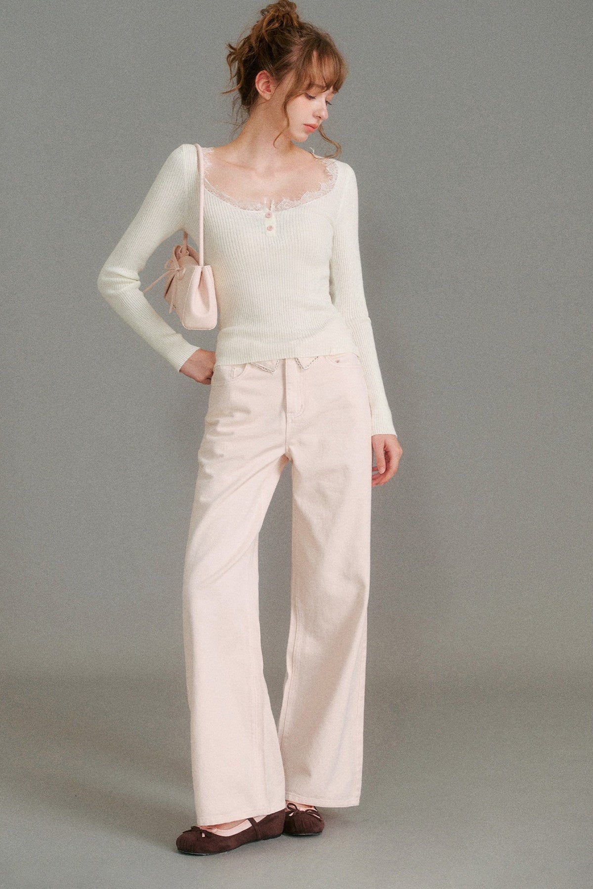 Wool Blend Lace Trim U-Neck Knit Top