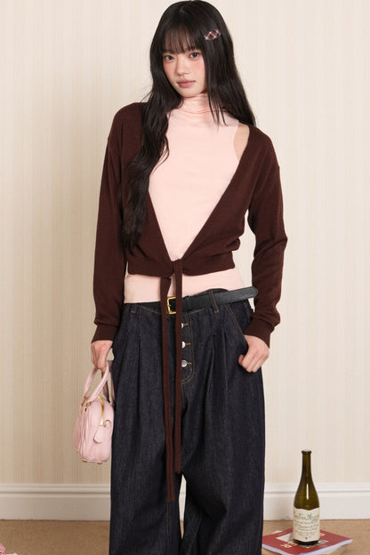 Layered High-Neck Vest and Tie-Up Cardigan Set-Up