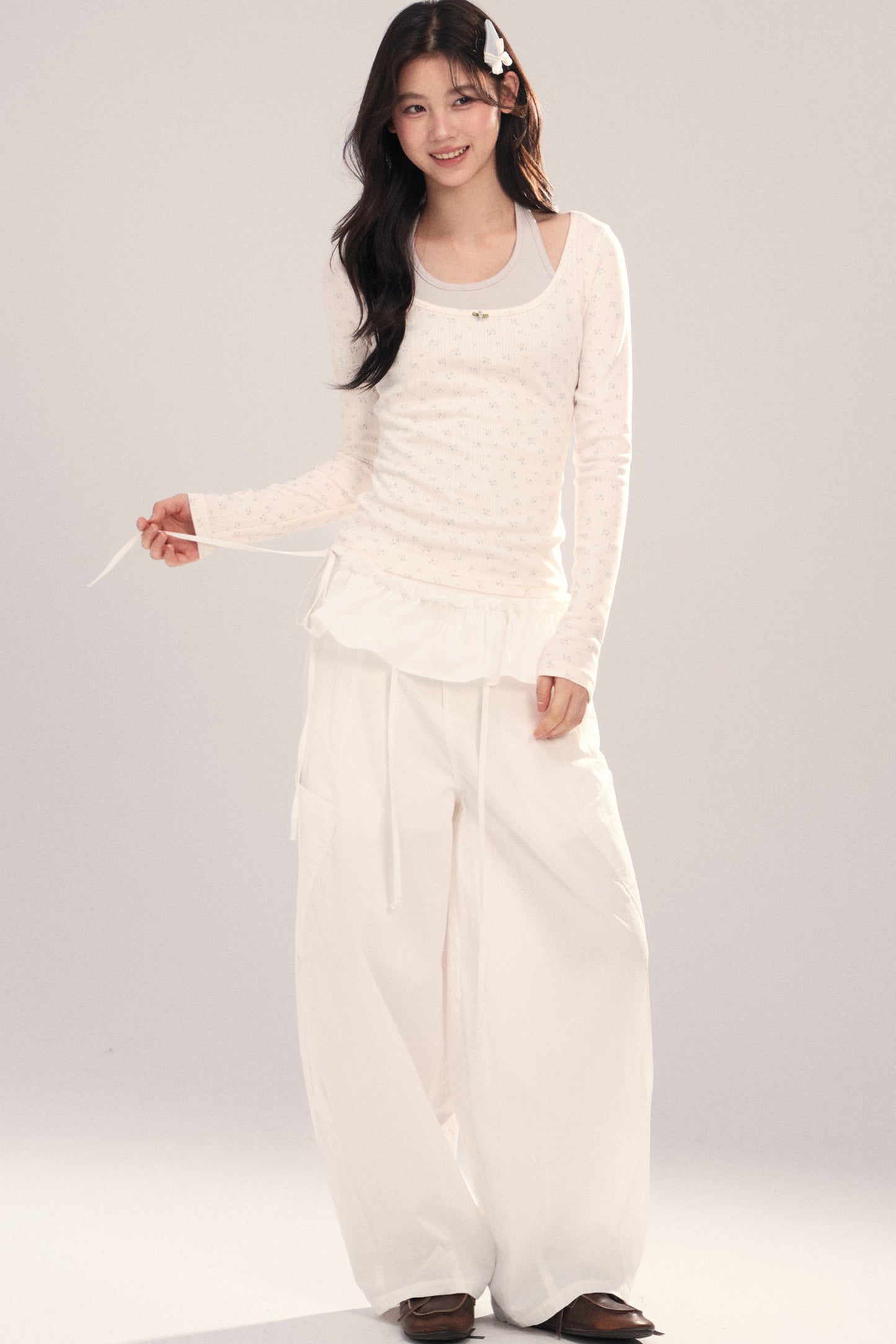 Large U-Neck Floral Long-Sleeve Base T-Shirt Set-Up