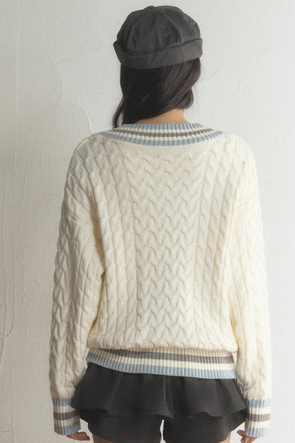 V-Neck Cable Knit Pullover Top and Pleated Skirt Set-Up