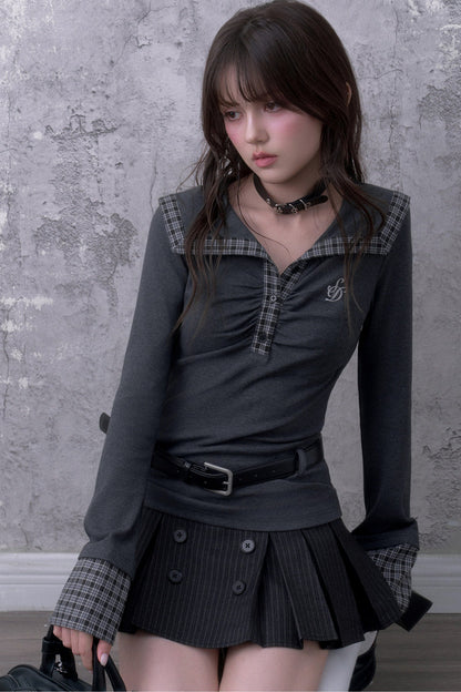 Gray Large Lapel Ruched Patchwork Blouse