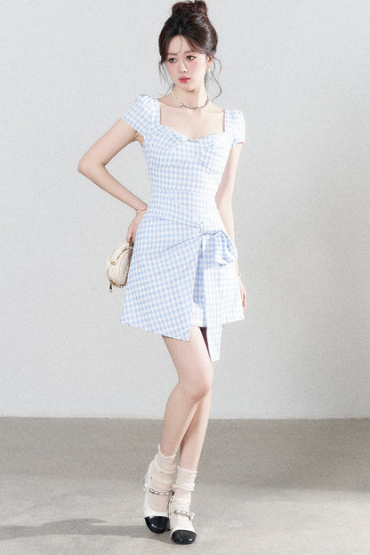 Blue Plaid Square Neck Irregular Dress