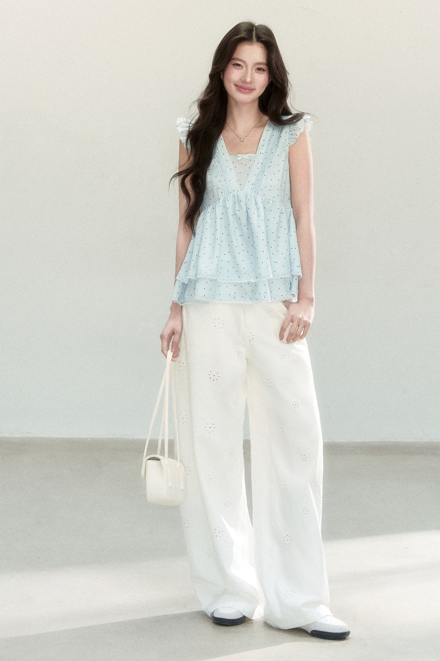 Blue Polka Dot Flutter Sleeve Blouse