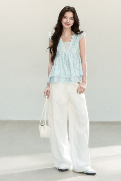 Blue Polka Dot Flutter Sleeve Blouse