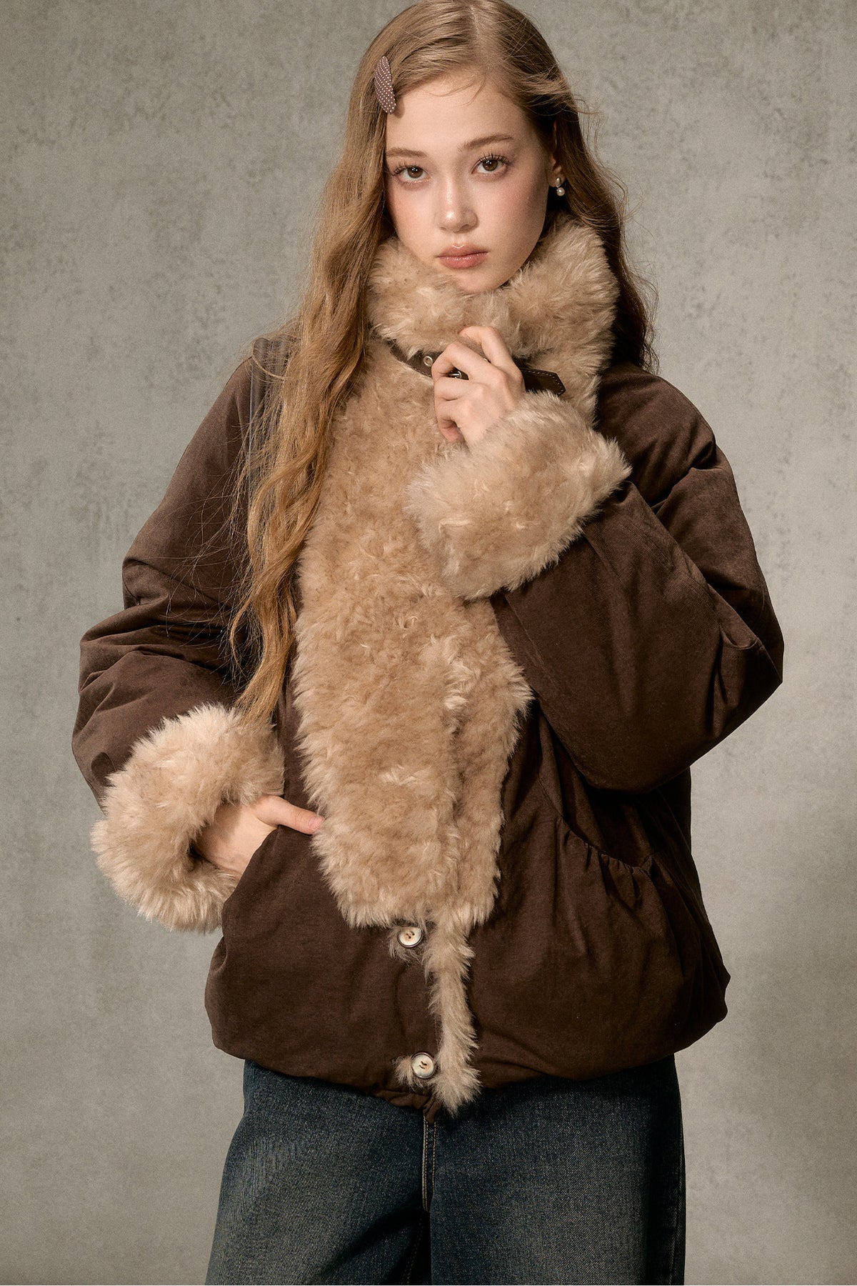 Wheat Spike Floral Plush Stand Collar Jacket