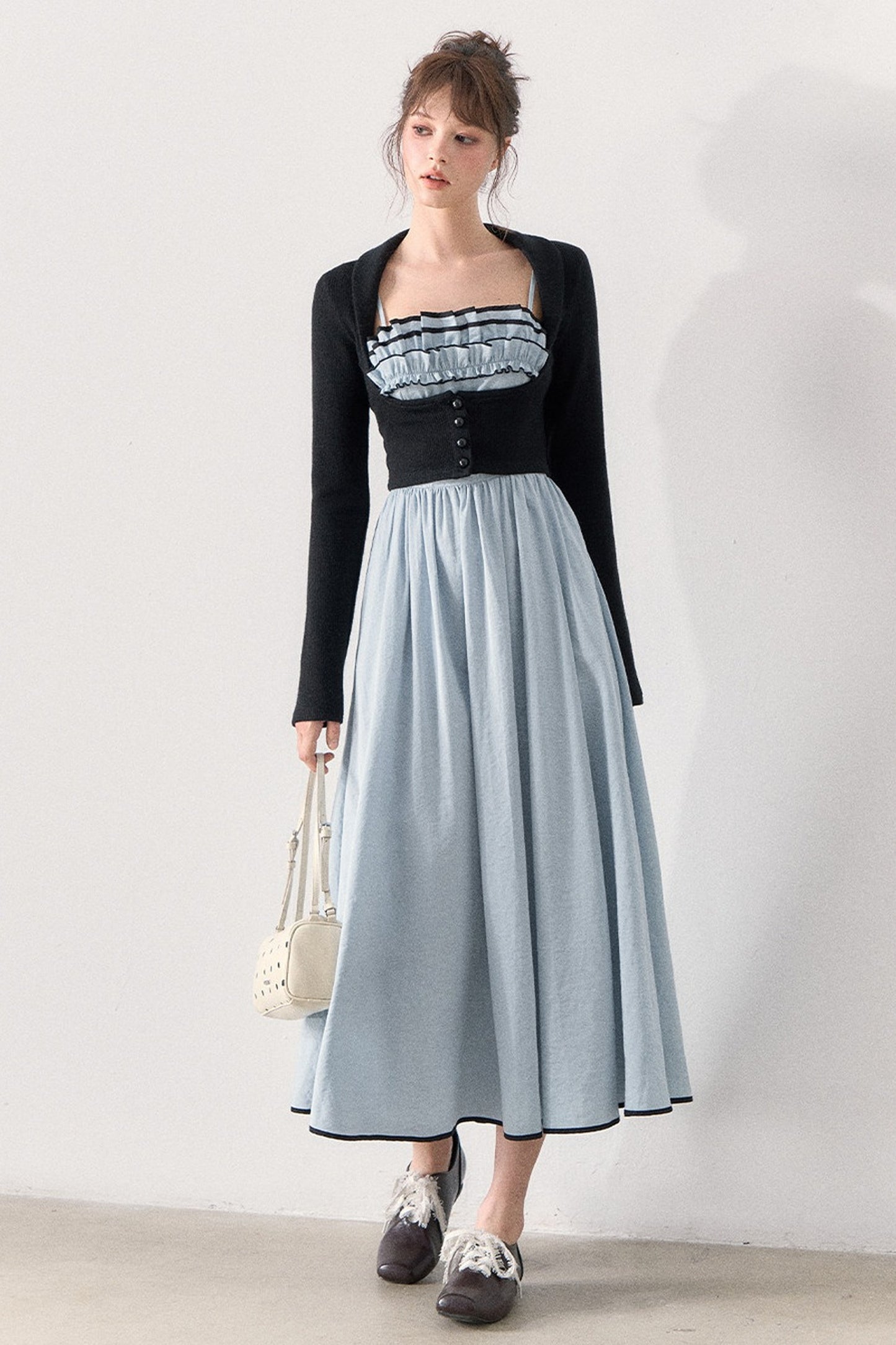 Slim Knit Cardigan and Ruffle Dress Set