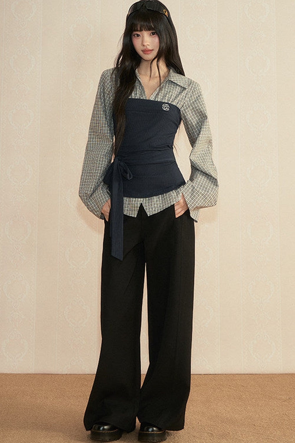 Color-Block Patchwork Blouse and Pants Set-Up