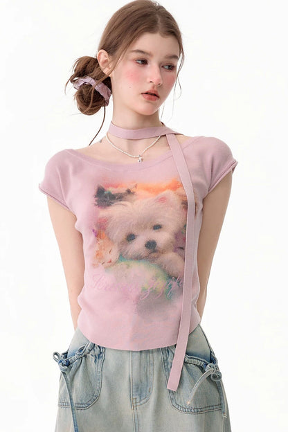 Pink Puppy Print Slim Fit T-Shirt