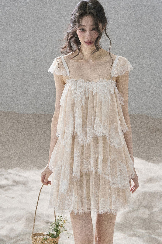 Asymmetric French Lace Mesh Top Set