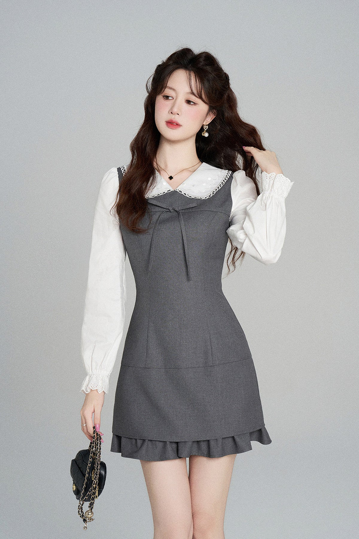 Gray Doll Collar Cinched Waist Dress