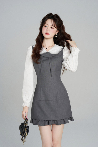 Gray Doll Collar Cinched Waist Dress