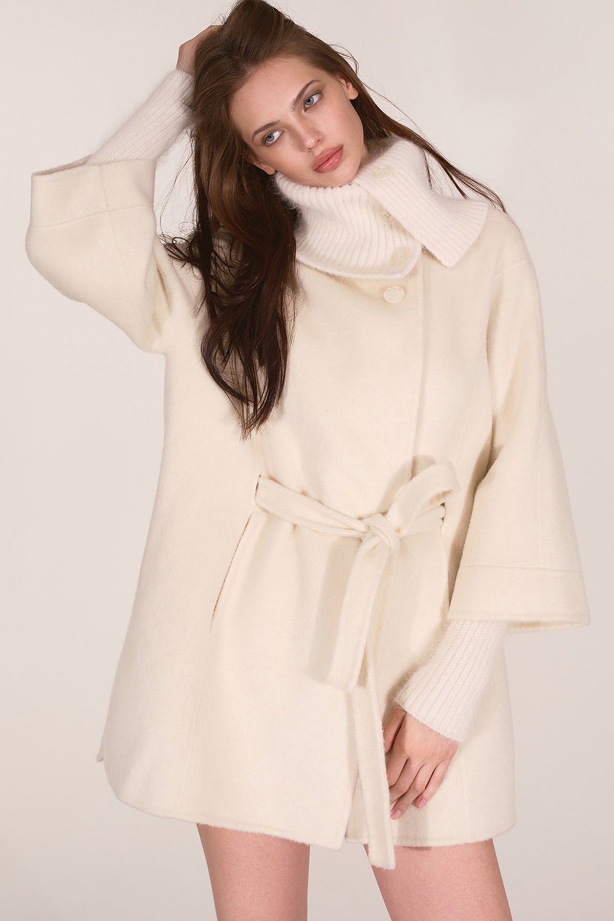 Asymmetrical Knit Collar Tie-Up Wool Coat