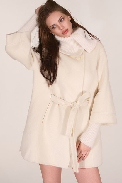 Asymmetrical Knit Collar Tie-Up Wool Coat