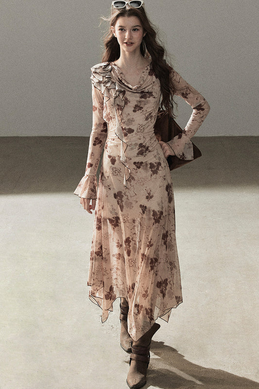 Ruffled French Floral Long Dress
