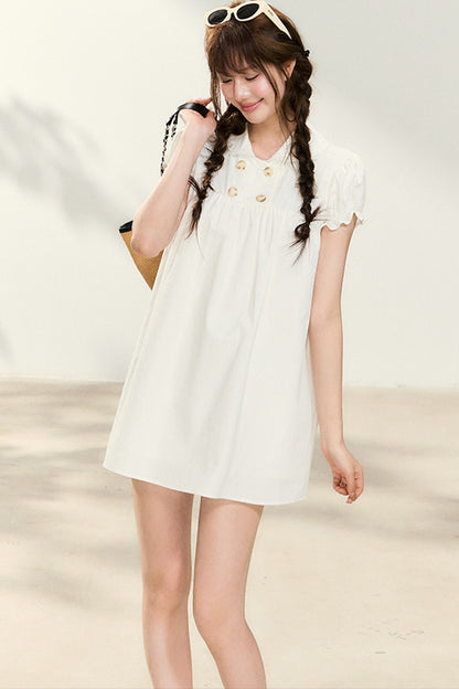Double-Breasted Puff-Sleeve Peter Pan Collar Dress