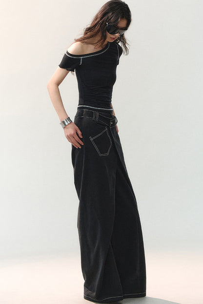 Contrast Stitching Asymmetrical Shoulder Short-Sleeve Top