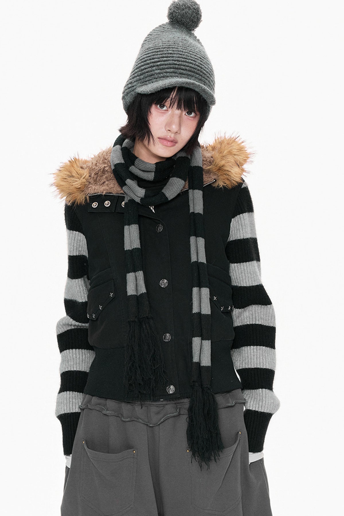 Fur Collar Hooded Striped Jacket