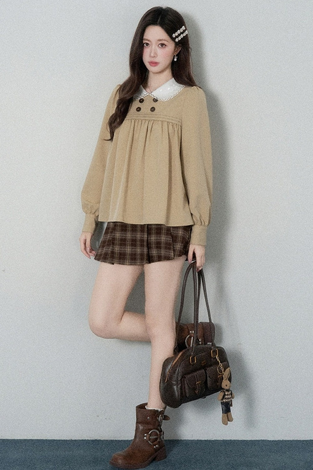 Khaki Doll Collar Pullover Shirt and Skirt Set-Up