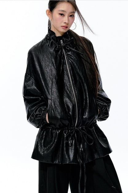 Textured Silhouette Drawstring Tie Waist Jacket