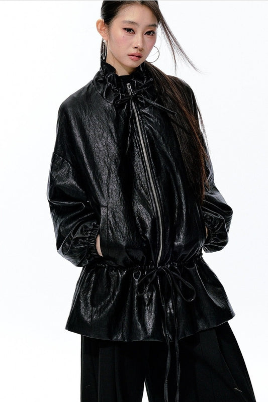 Textured Silhouette Drawstring Tie Waist Jacket