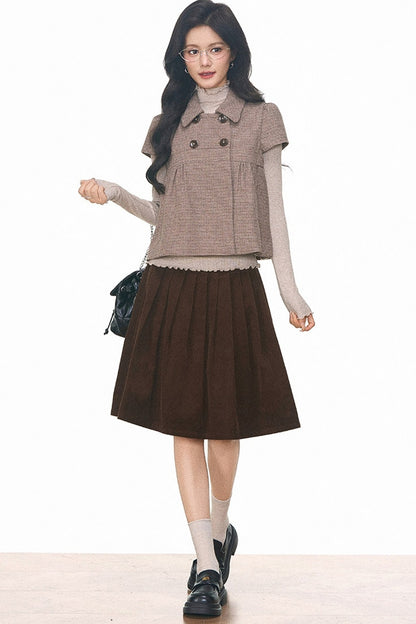Woolen Short Sleeve Top and Corduroy Midi Skirt Set-Up