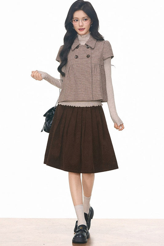 Woolen Short Sleeve Top and Corduroy Midi Skirt Set-Up