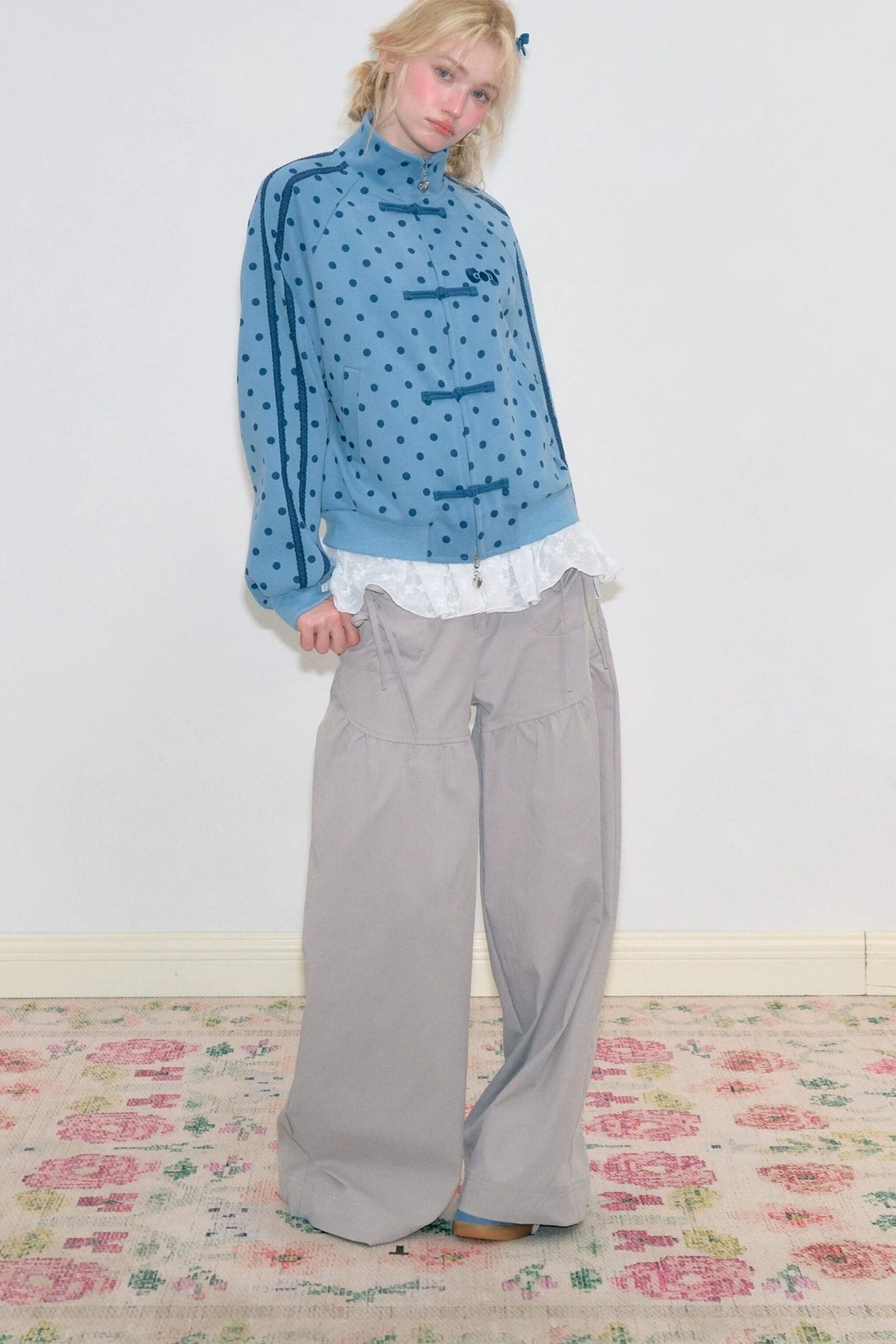Pink Polka Dot Zipper Sweatshirt Jacket