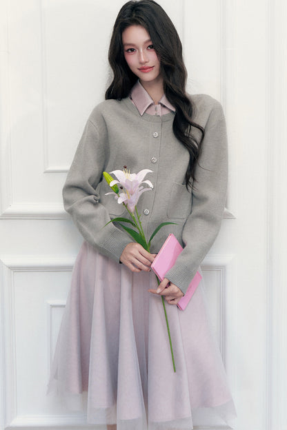 Retro Lapel Patchwork Knit Sweater Set-Up