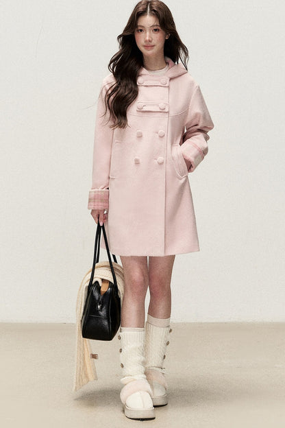 Cappotto doppiopetto con cappuccio a quadri rosa e color crema