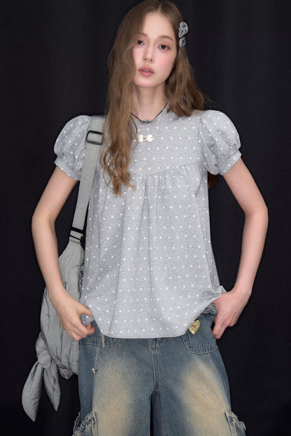 Polka Dot Puff Sleeve T-Shirt