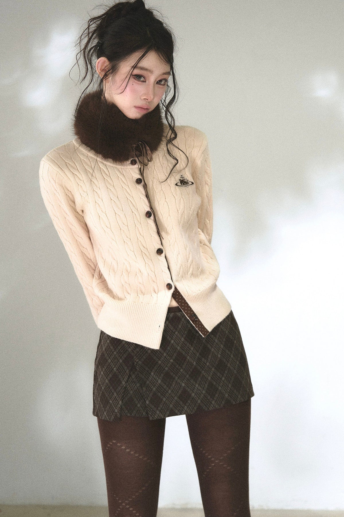 Color-Blocked Polka Dot Cable Knit Cardigan