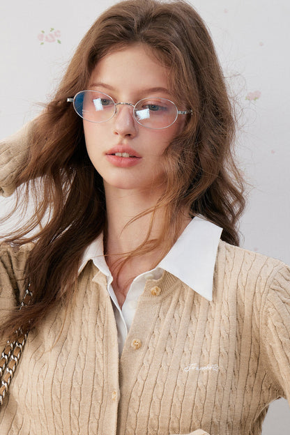 Wool Blend Spliced Shirt Cable Knit Cardigan