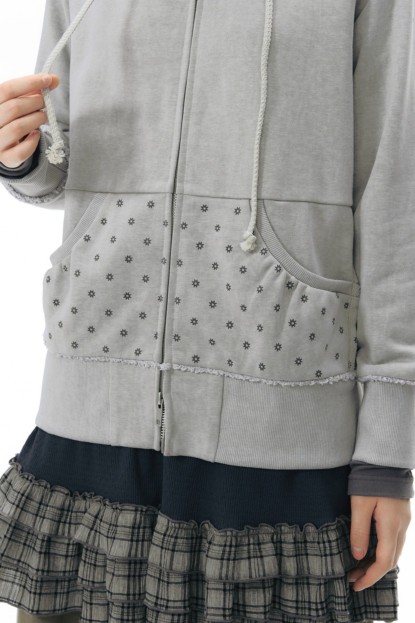 Distressed Floral Print Hooded Open Front Jacket