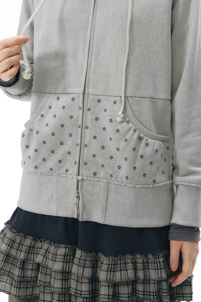 Distressed Floral Print Hooded Open Front Jacket