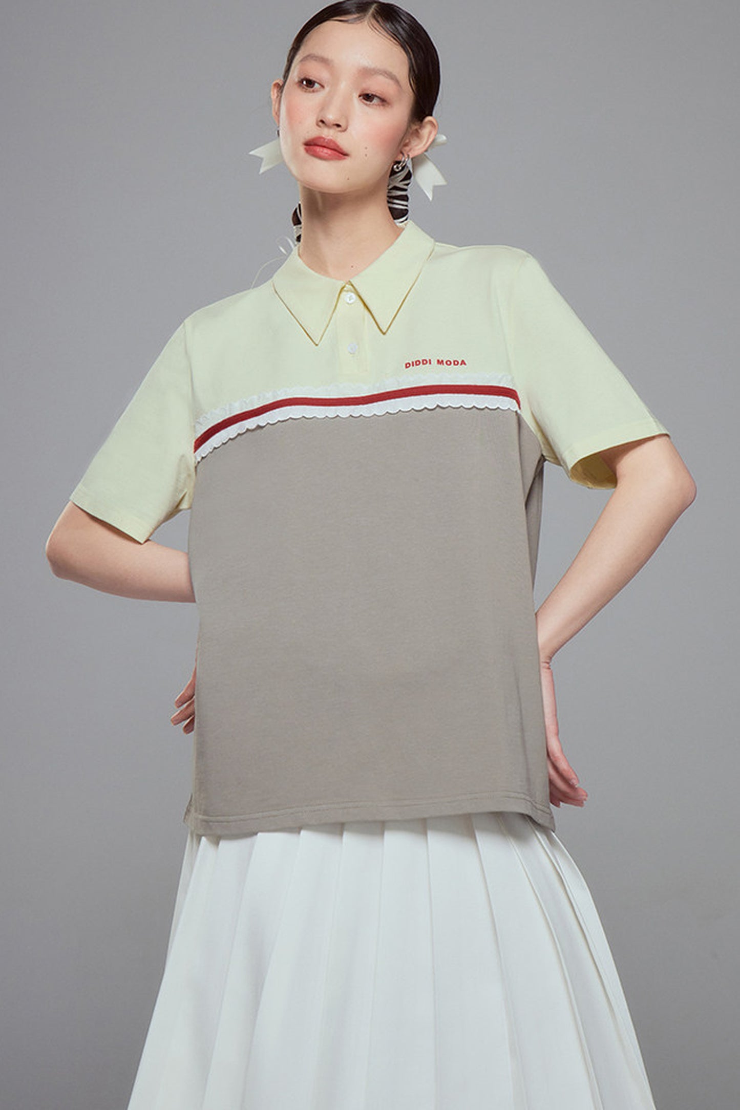Color Block Lace Trim Cotton Polo