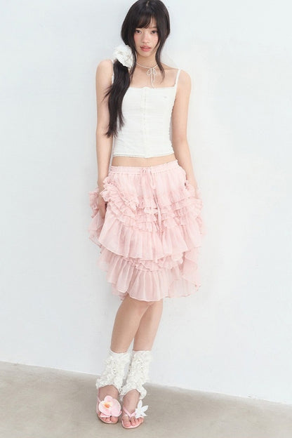 Pink Ruffle Chiffon Tube Top Skirt