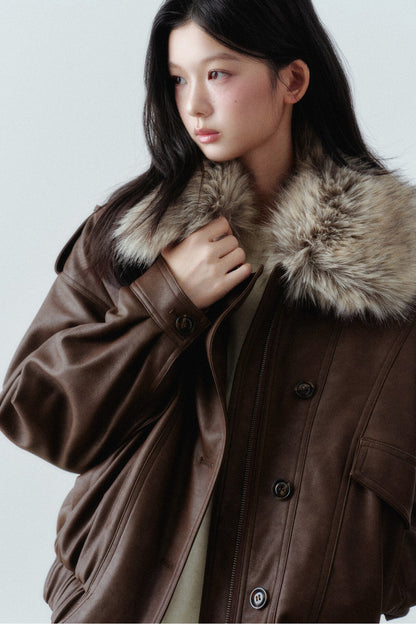 Fur Collar Button-Up Short Jacket