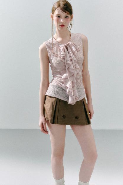 White Peach Wool Lace Ruffle Vest