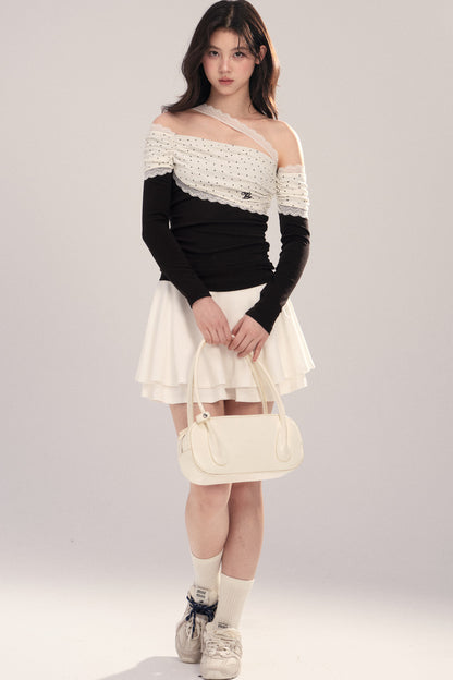 Polka Dot Spliced Lace Off-Shoulder T-Shirt