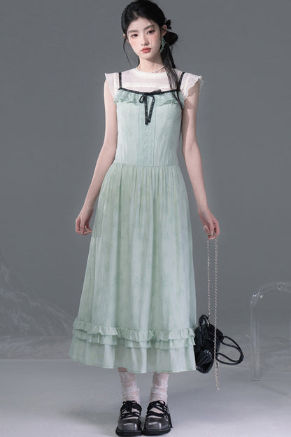 Mint Green Lace Spliced Camisole and Dress Set