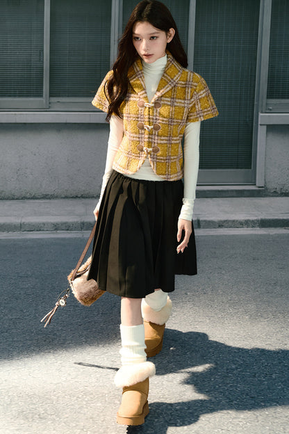 Retro Lapel Plaid Short-Sleeved Jacket