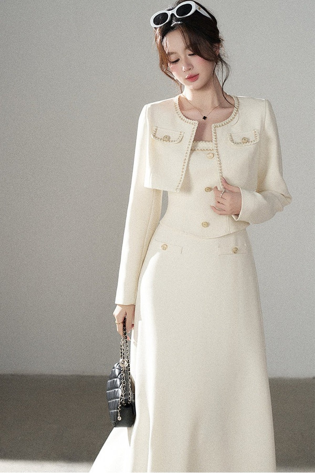 Off-White Chanel-Style A-Line Dress and Short Jacket Set-Up