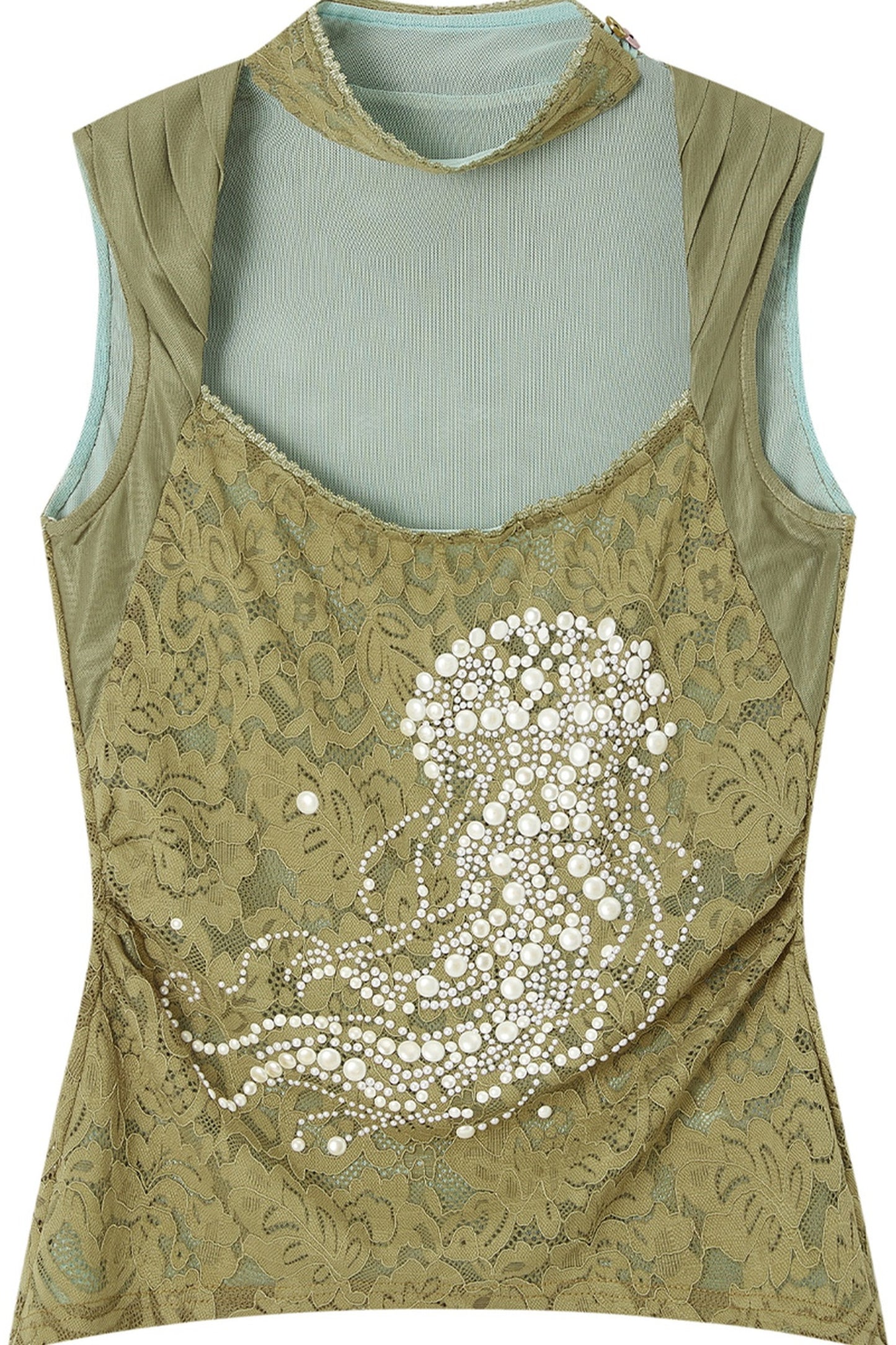 Jellyfish Pearl Rhinestone Lace Ruffle Strap Tank Top