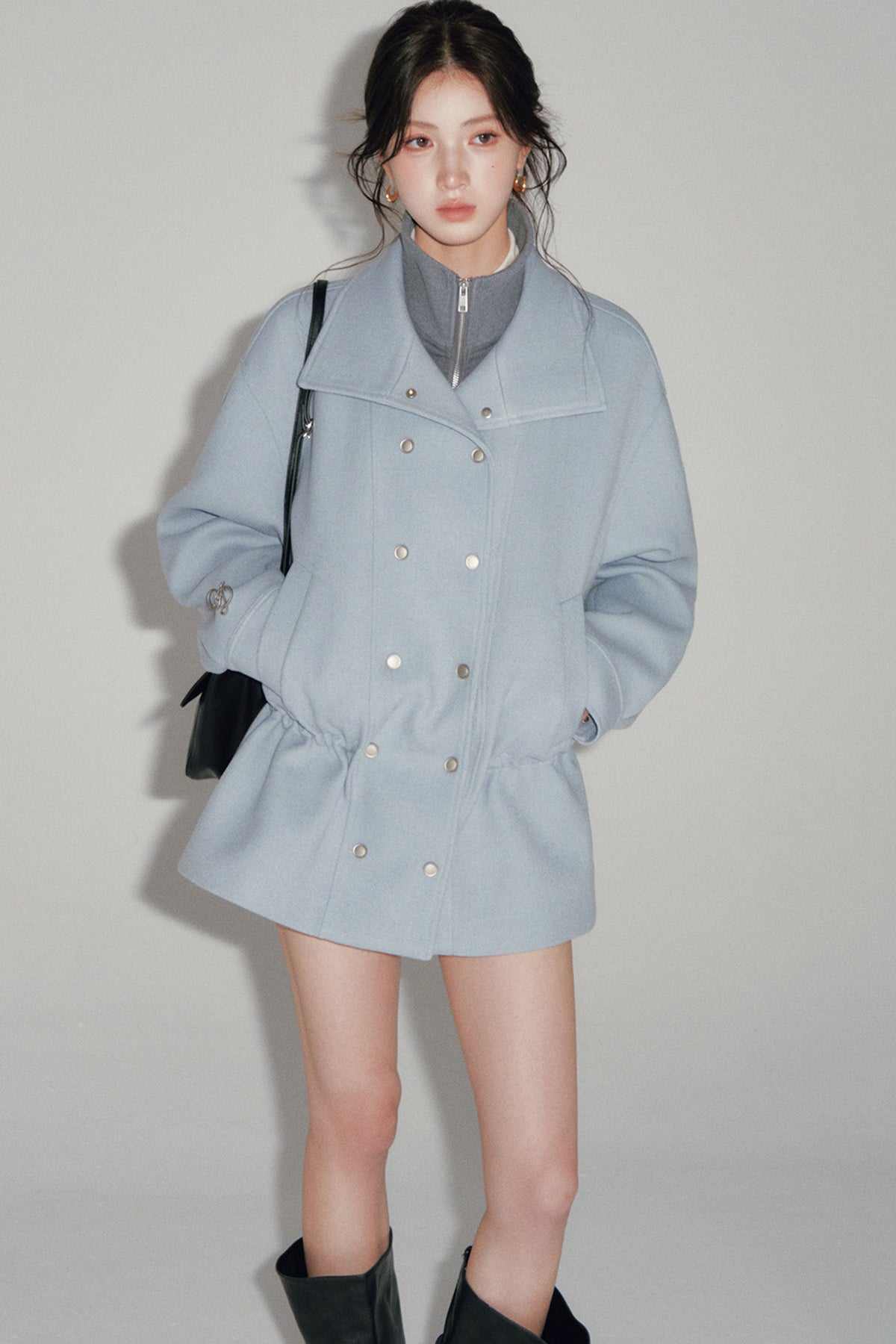 Blue Oversized Dropped Shoulder Double-Breasted Woolen Jacket