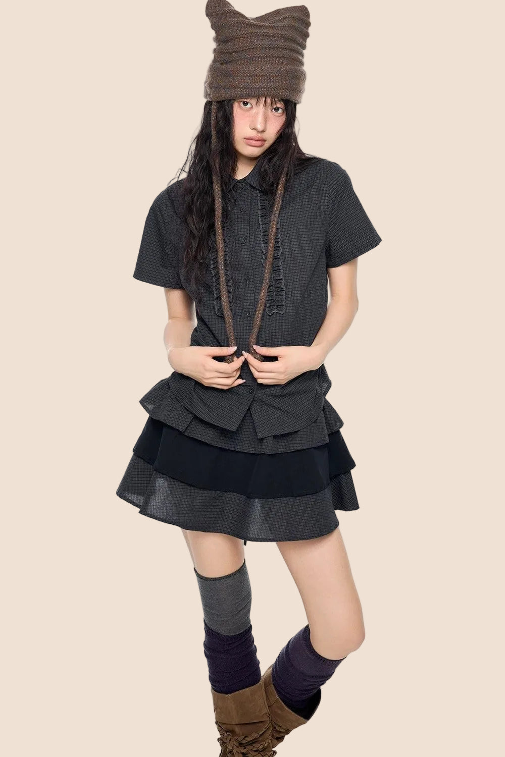 Plaid Pleated Blouse and Cake Skirt Set-Up
