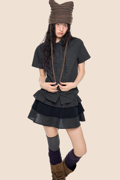 Plaid Pleated Blouse and Cake Skirt Set-Up